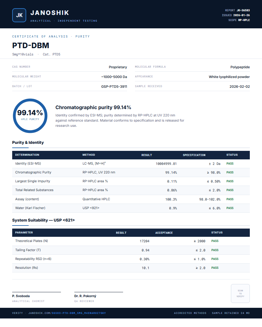PTD-DBM Purity (HPLC) report by Janoshik Analytical