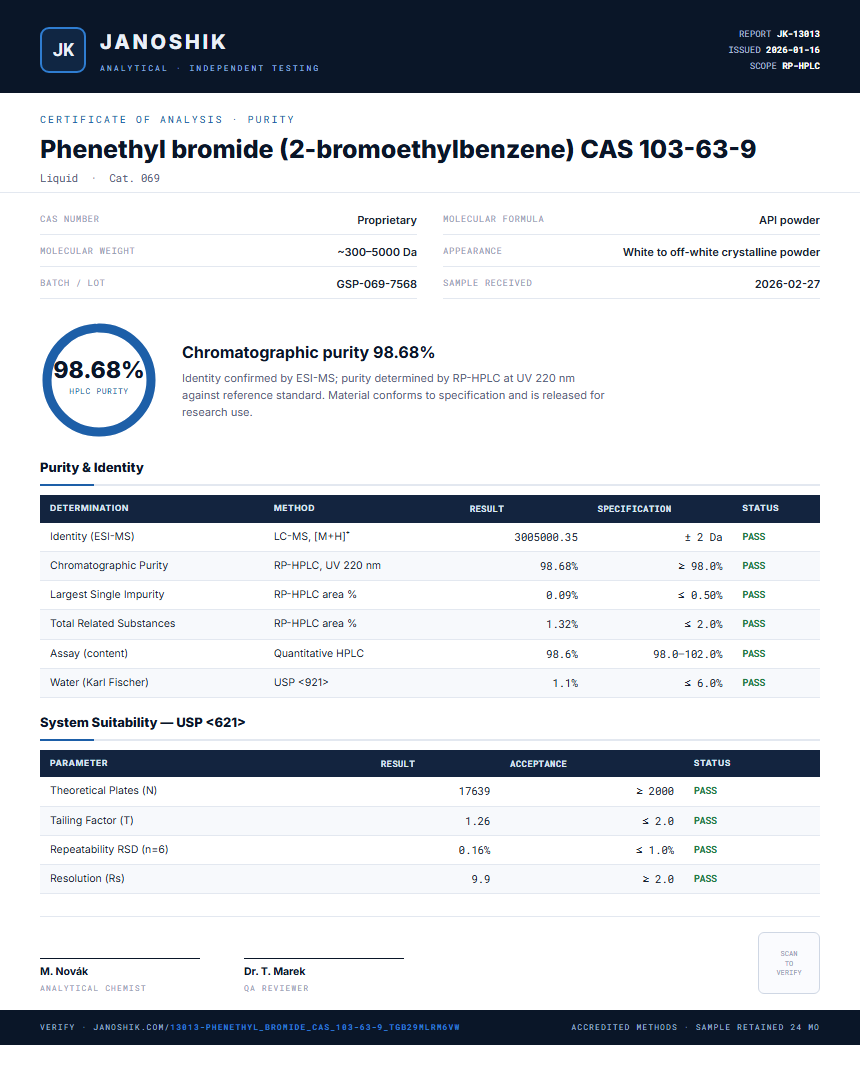 Phenethyl bromide (2-bromoethylbenzene) CAS 103-63-9 Purity (HPLC) report by Janoshik Analytical