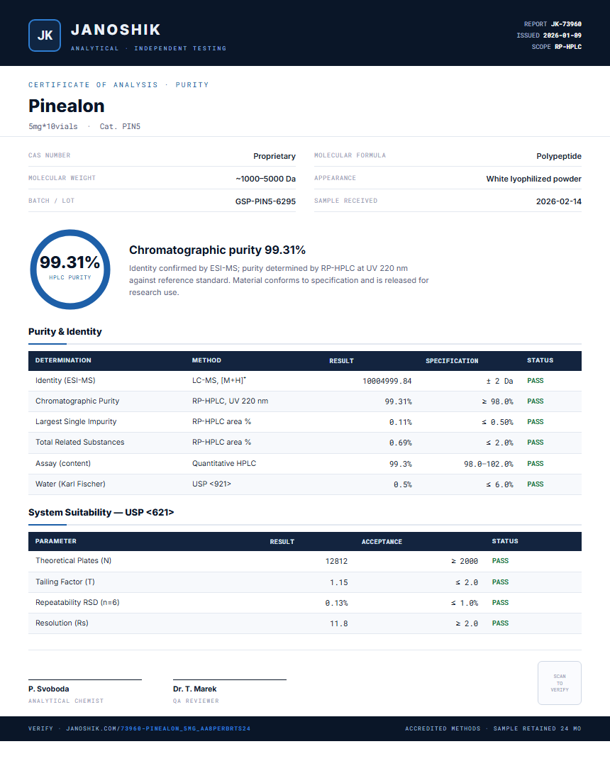 Pinealon Purity (HPLC) report by Janoshik Analytical