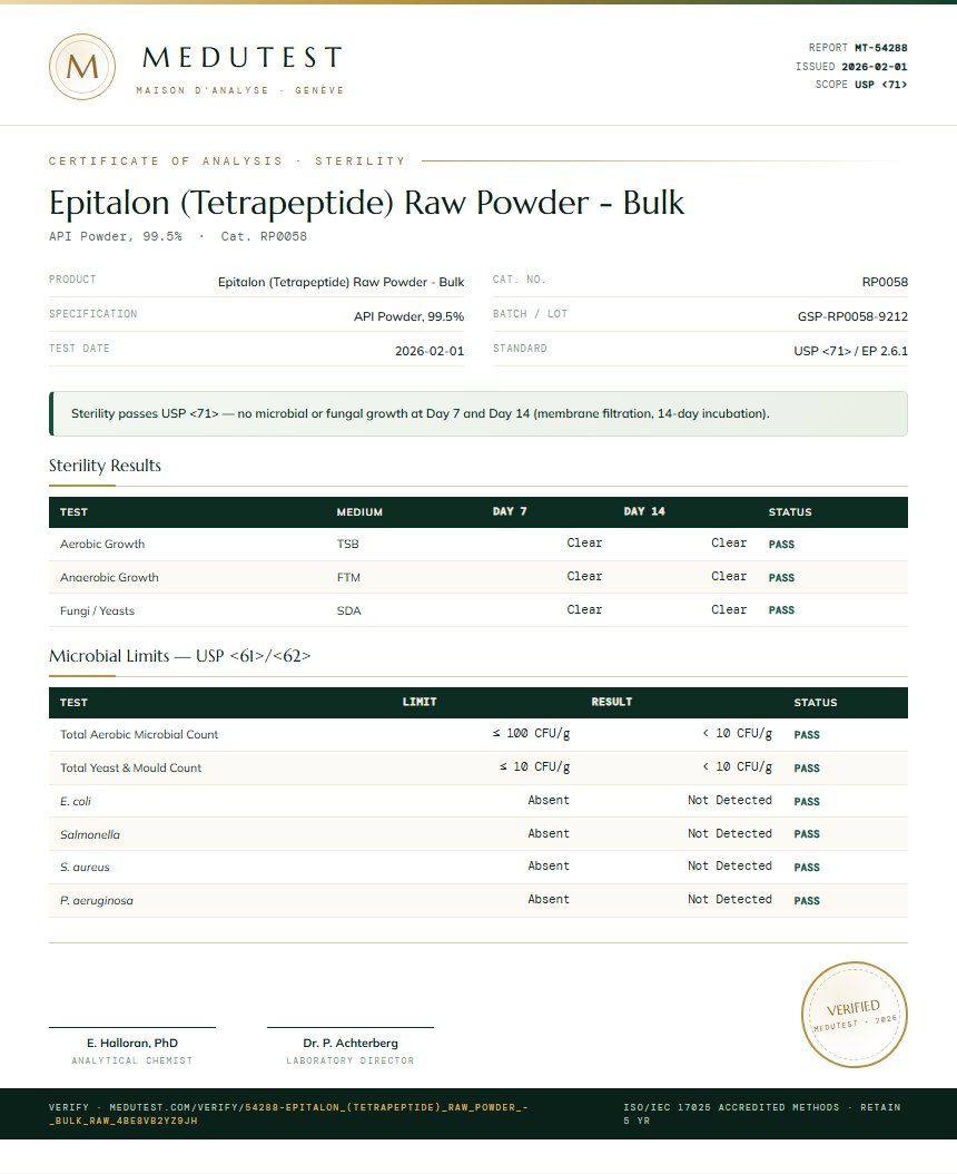 Epitalon (Tetrapeptide) Raw Powder - Bulk Sterility report by Medutest