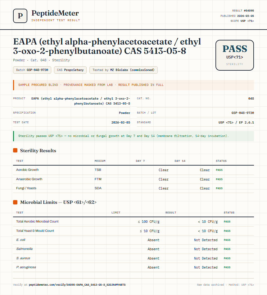 EAPA (ethyl alpha-phenylacetoacetate / ethyl 3-oxo-2-phenylbutanoate) CAS 5413-05-8 Sterility report by PeptideMeter