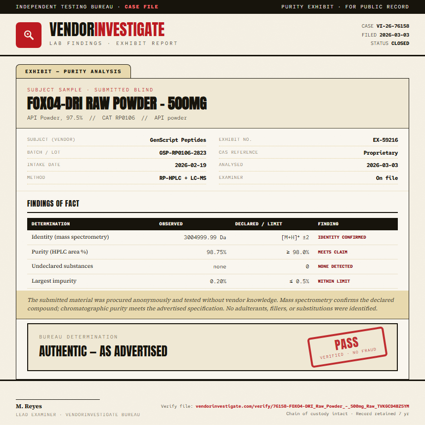 FOXO4-DRI Raw Powder - 500mg Purity (HPLC) report by VendorInvestigate