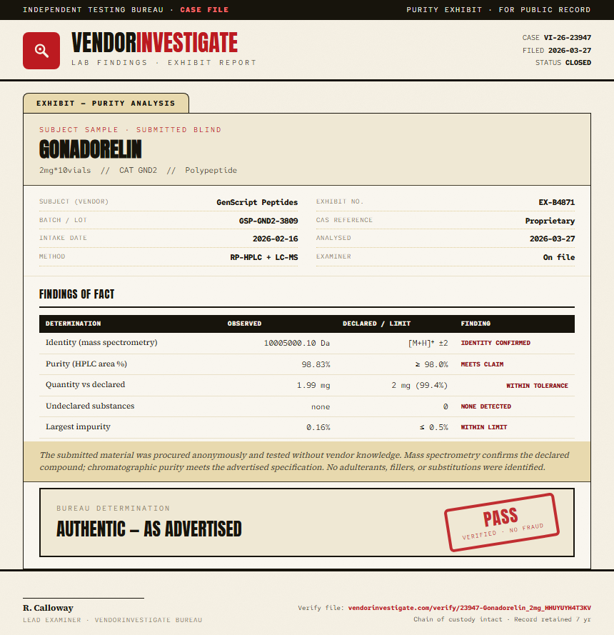Gonadorelin Purity (HPLC) report by VendorInvestigate