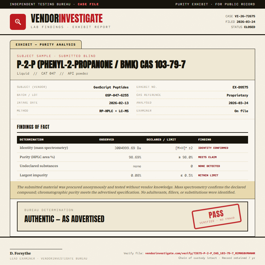 P-2-P (phenyl-2-propanone / BMK) CAS 103-79-7 Purity (HPLC) report by VendorInvestigate