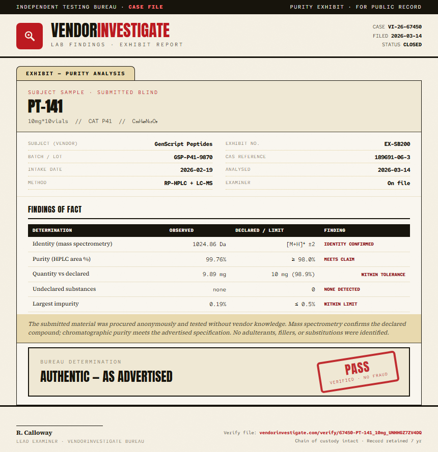 PT-141 Purity (HPLC) report by VendorInvestigate