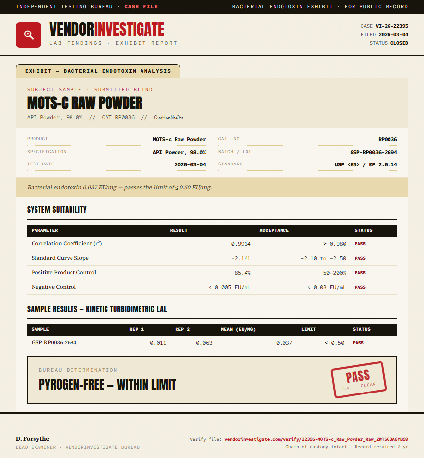 MOTS-c Raw Powder Endotoxin report by VendorInvestigate