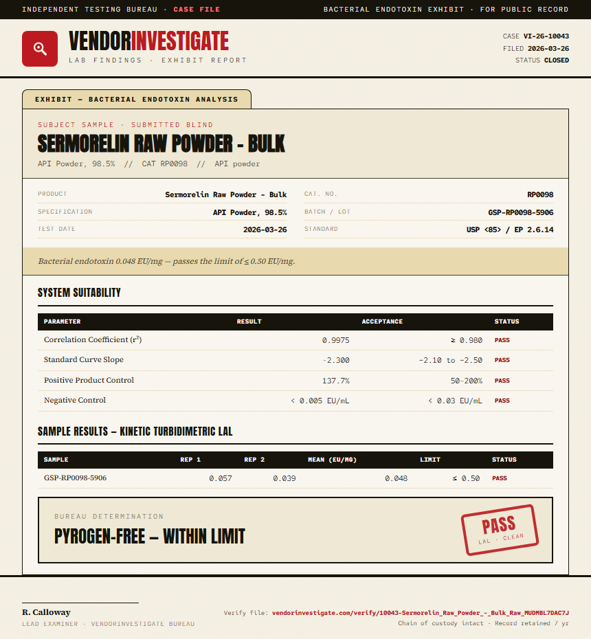 Sermorelin Raw Powder - Bulk Endotoxin report by VendorInvestigate