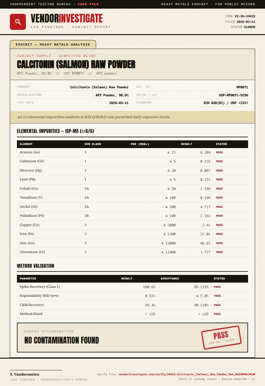 Calcitonin (Salmon) Raw Powder Heavy Metals report by VendorInvestigate