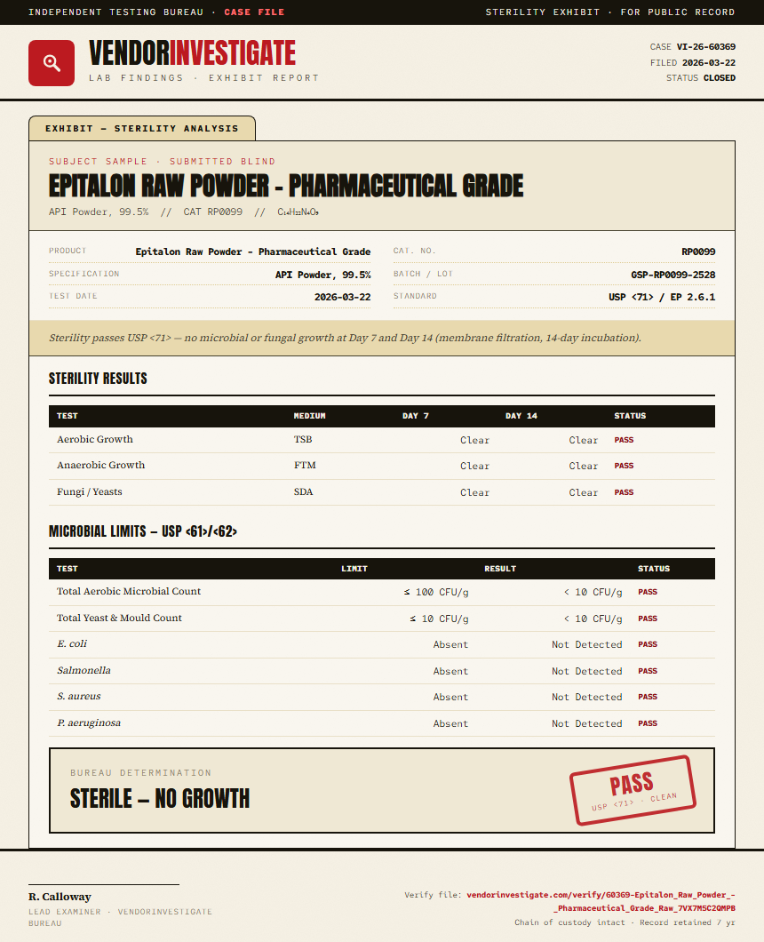 Epitalon Raw Powder - Pharmaceutical Grade Sterility report by VendorInvestigate