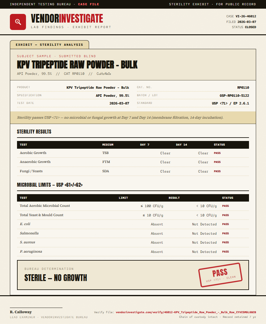 KPV Tripeptide Raw Powder - Bulk Sterility report by VendorInvestigate